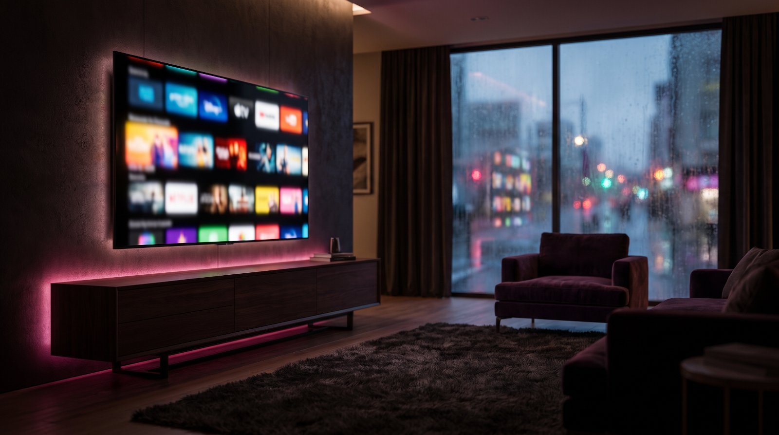 Modern UK living room with a 4K Smart TV streaming — adult IPTV in the UK