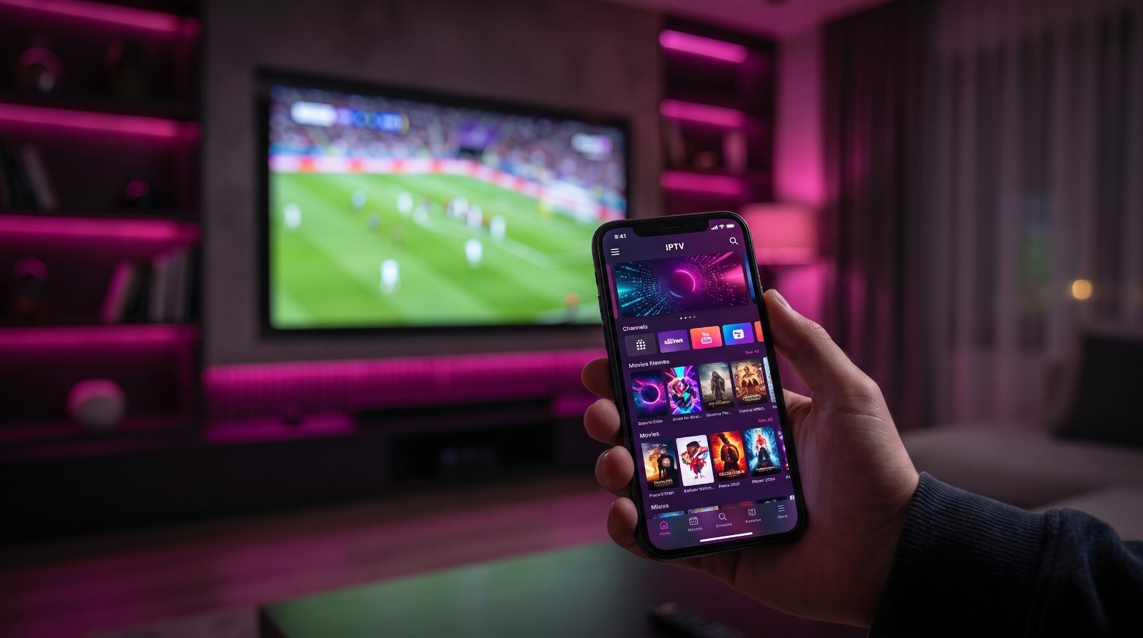 Best IPTV apps 2026 — a hand holding a smartphone showing an IPTV streaming app with a 4K TV in the background