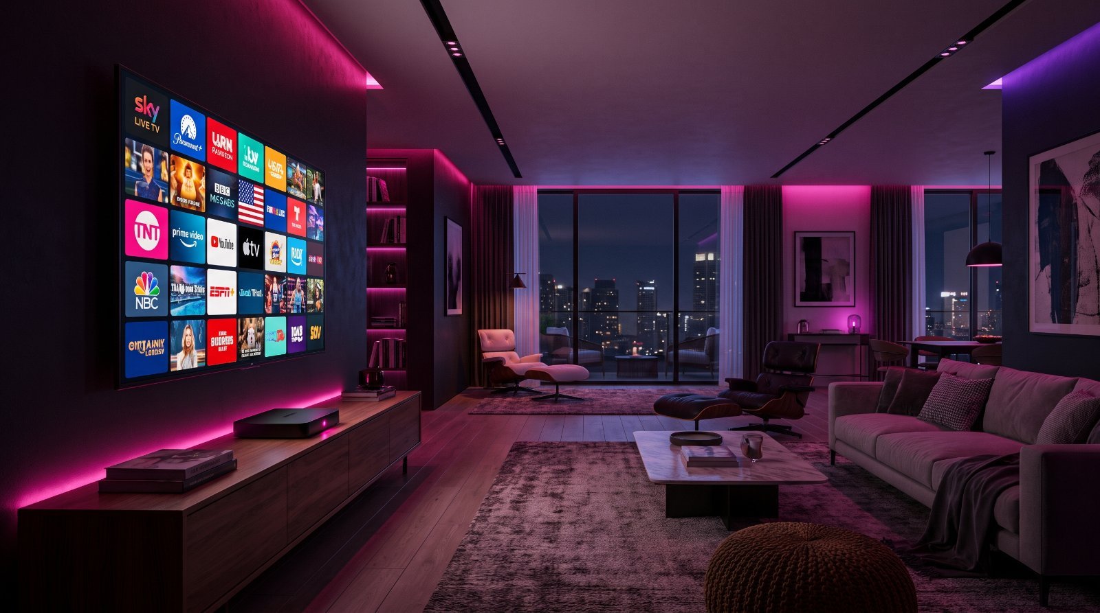Best IPTV box 2026 — streaming device connected to a 4K TV showing a grid of live channels in a modern living room