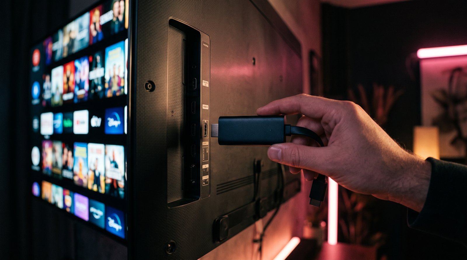 Streaming stick plugged into a 4K TV showing an IPTV app grid